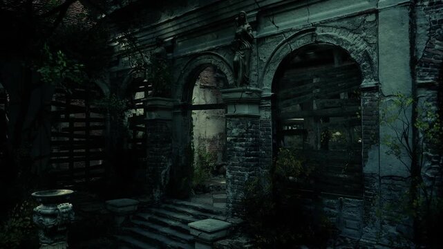 The remnants of a once grand European mansion stand derelict, with crumbling arches and wild vegetation overtaking its stone pathways. A sense of mystery envelops the deteriorating structure.