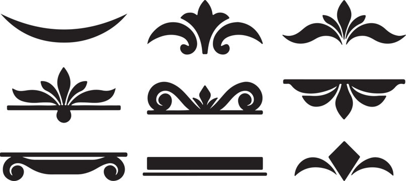 Ornate border vector icon set. Includes 9 decorative elements. Created in simple style with black color.