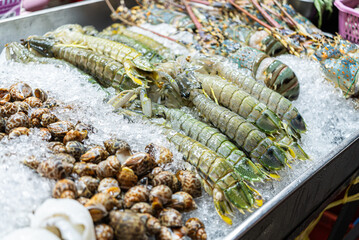 Fototapeta premium Close up selection of fresh raw seafood including lobsters, mantis shrimps, prawns, and shellfish is beautifully displayed on ice at a vibrant outdoor street food market in Thailand.