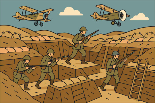 World war one soldiers in trenches with biplanes overhead in vintage style