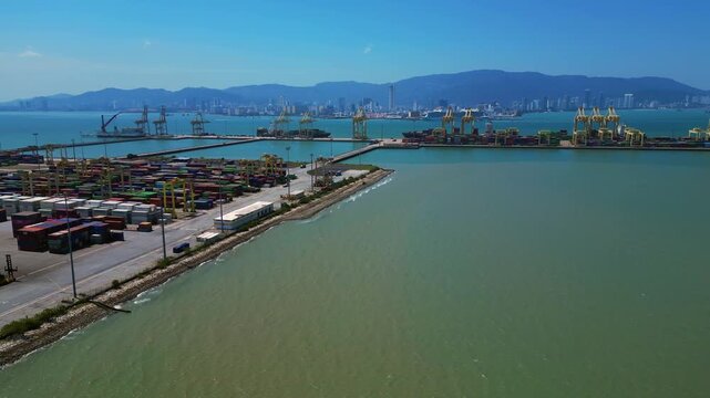 Penang Port container terminal global shipping. Beautiful aerial view drone