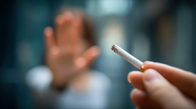 Person making a stop gesture to refuse a lit cigarette held by another individual in a blurred background conveying a no smoking message or anti-smoking concept