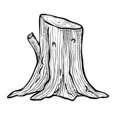 Tree Stump vector illustration in engraving style. Hand drawn wood element painted by black inks on isolated background or arctic or forest landscape. Etching of linear drawing. © Alisles