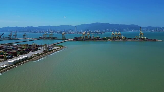 Penang Port container terminal global shipping. Majestic aerial view drone