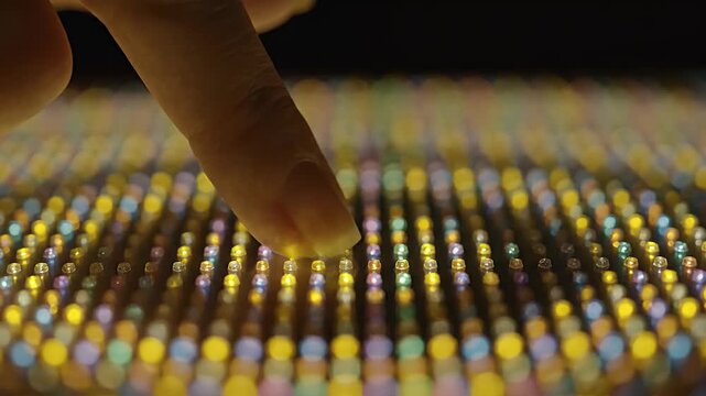 Finger touches a grid of tiny, glowing, multicolored lights, creating an interactive display