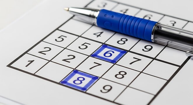 Pen lies on a partially solved sudoku puzzle with numbers highlighted.