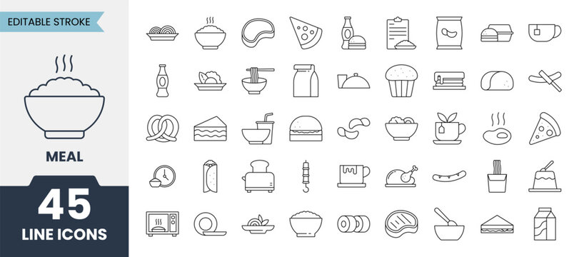 Meal line icons set with editable stroke. Containing rice, pizza, pasta, eat, dinner, fast food, lunch and more. Vector illustration