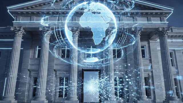 Classical building with neon blue lines and shimmering data particles, a digital fusion