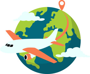 Obraz premium Airplane traveling illustration with earth and cloud for travel promotion. Vector isolated.