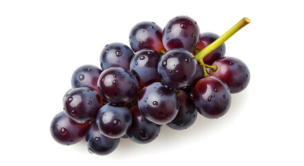 Fototapeta premium Fresh cluster of ripe dark purple grapes with visible water droplets on their surface, isolated on a white background, perfect for food and beverage concepts