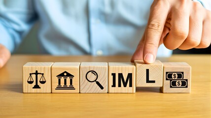 Fototapeta premium Conceptualizing Financial Crime Investigation Hand Arranging Wooden Blocks with Law, Finance, and Search Symbols Representing the Process of Tackling Illegal Money Flow and Ensuring Compliance