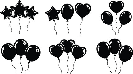 Balloon silhouettes collection, heart and star party balloons, black festive decoration icons set for birthday, celebration, vector design © Hello World