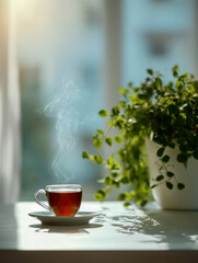 A steaming cup of hot tea on a saucer with sunlight and indoor green plant casting soft shadows on a bright table in a cozy home setting