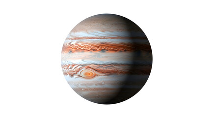Obraz premium Vibrant Jupiter planet with swirling storm clouds and vibrant orange, white, and blue hues, isolated on a clean white background.