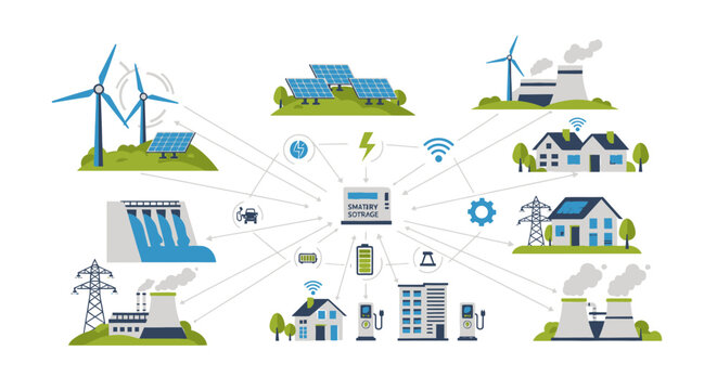 Energy grid illustration renewable power generation and distribution network