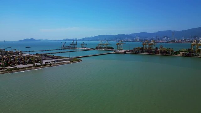 Penang Port container terminal global shipping. Lovely aerial view drone