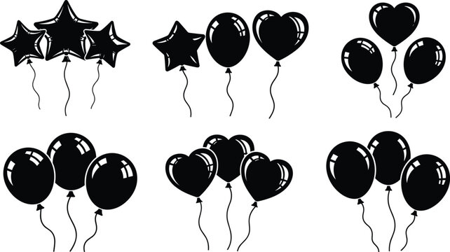 Balloon silhouettes collection, heart and star party balloons, black festive decoration icons set for birthday, celebration, vector design