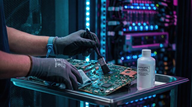 A tech worker holds a circuit board and cleans it with a brush while in a server room with colorful lights