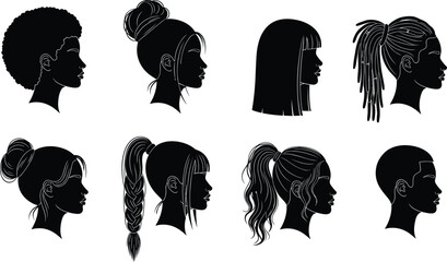 Black female hairstyle silhouette icon set, women head profiles with modern hair styles, beauty fashion vector collection isolated on white background