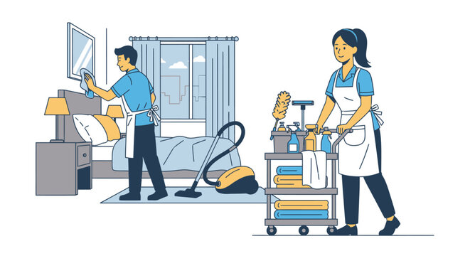 Cleaners in hotel room with cleaning cart and vacuum cleaner vector illustration