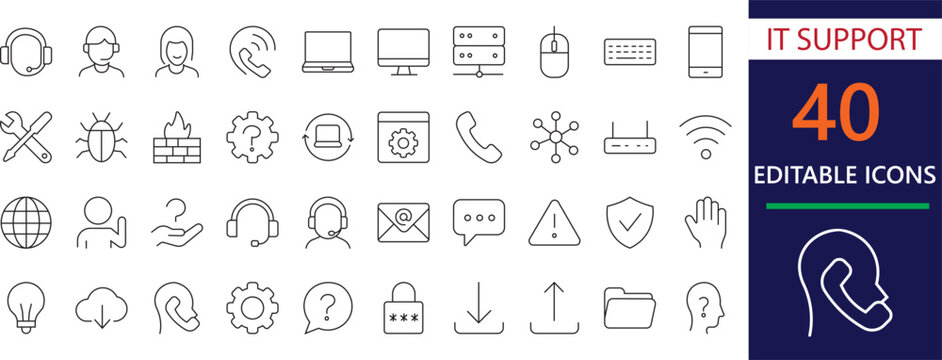 professional line icons of it support, technical, helpdesk, remote, assistance, computer, system, maintenance, and customer service interface.