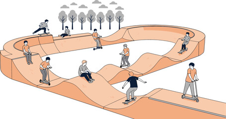 Modern urban skate park pump track illustration featuring young people on skateboards and scooters in a park setting © NURUL