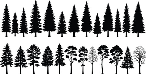 Obraz premium Black pine and conifer tree silhouettes collection, spruce, fir and deciduous trees, forest nature design elements isolated on white background