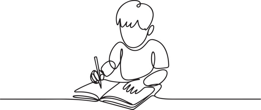 One continuous line of boy sitting while writing in a book. Minimalist style. one line Icon drawing