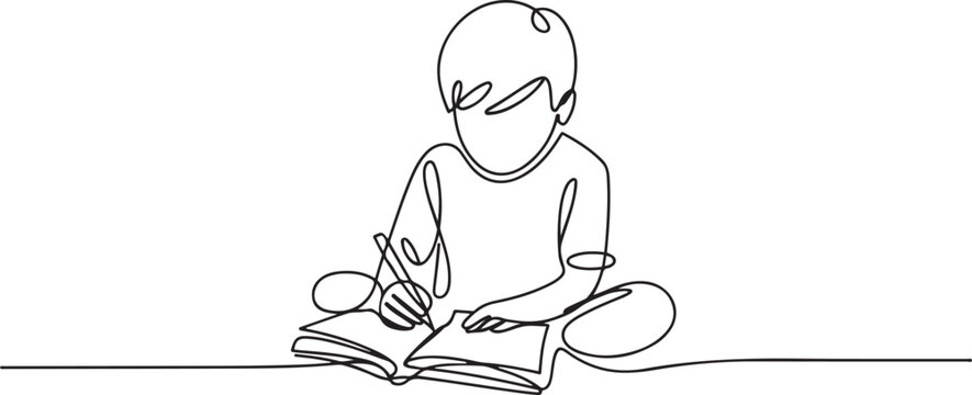 One continuous line of boy sitting while writing in a book. Minimalist style. one line Icon drawing