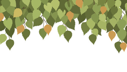 Border of hanging green leaves with yellow fruits.