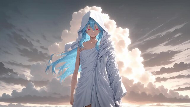 Mystical anime style character with blue hair under dramatic sunset clouds