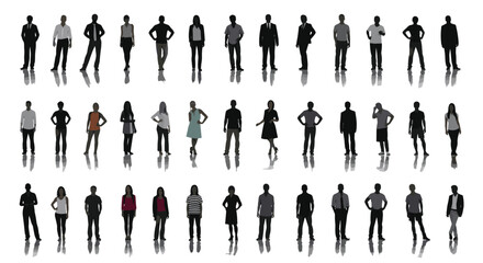 Large Crowd Silhouette Set with Men and Women Standing in Different Poses with Reflections Isolated on White Background for Professional Design