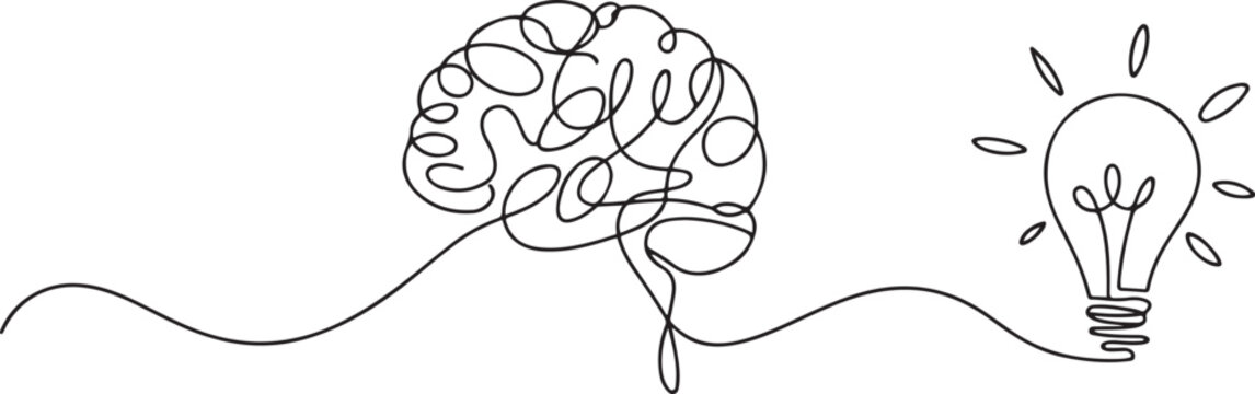 One continuous line of brain drawing pen. Creating new idea and mindset improvement. one line Icon drawing