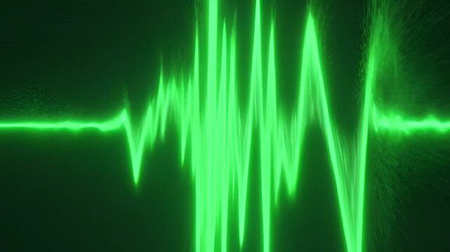 A vibrant green waveform vibrates intensely against a dark background in a scientific visualization graphic illustration from a horizontal viewpoint.