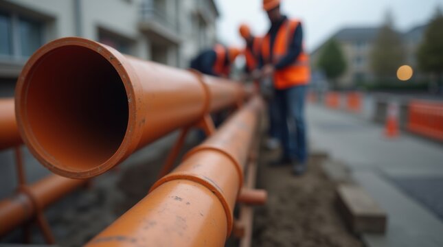 Construction workers installing orange sewage plastic pipe system during residential house construction project building plumbing infrastructure sanitation system implementation