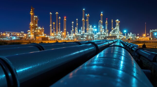Industrial pipelines at natural gas storage facility close up view with illuminated refineries shown nighttime setting with extraction infrastructure visible energy facility 