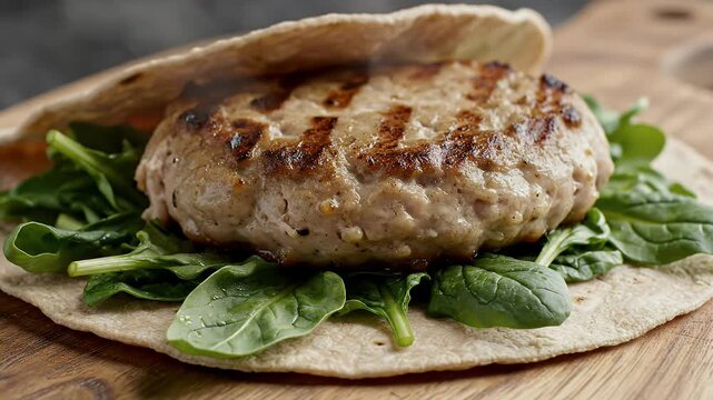 Grilled patty in flatbread with spinach. Food is on a wooden board. Steam. Close-up shot