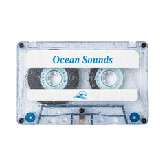 Obraz premium Ocean Sounds cassette tape covered in water droplets