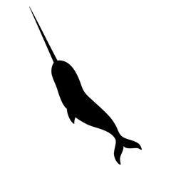 Arctic Narwhal with long tusk vector illustration. Silhouette of sea animal painted by black inks on isolated background. Shadow of marine cetacean for ocean wildlife, tundra fauna themes. © Alisles