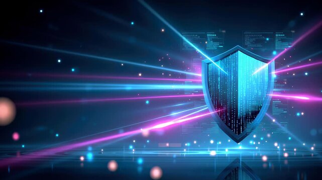 Cybersecurity shield protecting digital network with glowing data streams and neon protection