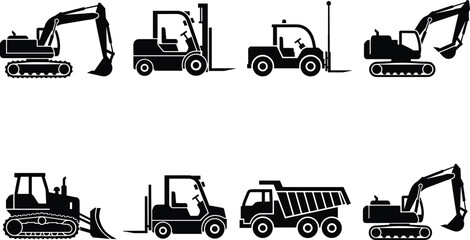 Construction vehicle silhouettes collection, heavy machinery icons set, black industrial equipment figures for building, transport, vector design © Hello World