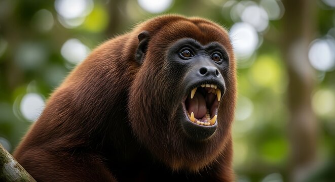Close-up of a brown monkey with mouth open showing teeth in forest.
