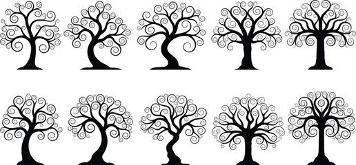 Decorative swirl tree silhouettes collection, fantasy ornamental trees with curly branches, artistic nature design elements isolated on white background © Hello World