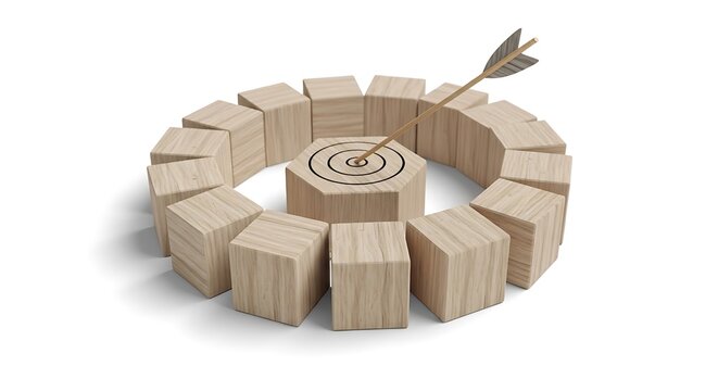 Scattered wooden blocks with business strategy and corporate ethics icons jpeg