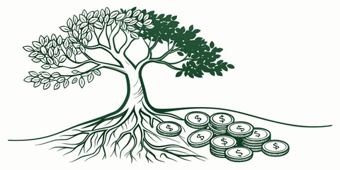 Ancient tree with extensive root system depicted in a minimalist illustration style © Bf
