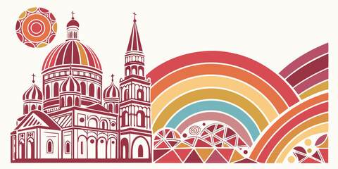 Vibrant cathedral with a rainbow arching over the skyline in a colorful urban scene © Bf