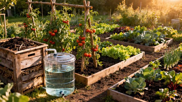 Sustainable backyard vegetable garden with compost bin and rainwater collection tank
