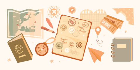 Cozy vintage scrapbook set on the theme of travel in warm retro colors. Open passport with cute stamps, map, compass, book. Great for digital scrapbooking, journaling, planners, stickers. © norrhin