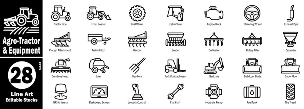 Professional farm equipment and tractor attachment line art icons vector illustration.