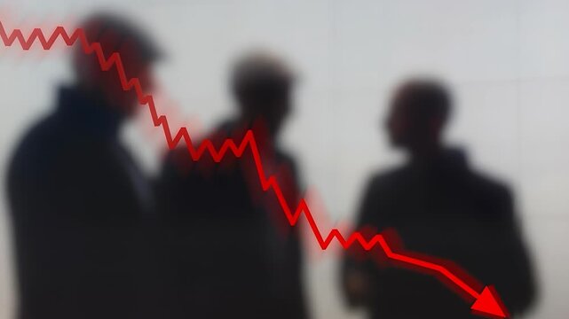 Defocused group of men and red downward graph line. Business loss and financial crisis concept. Decline, failure, and stock market crash.